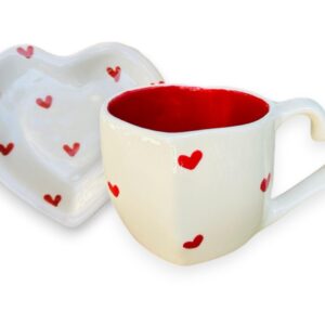 Taza de Cerámica con Plato – Diseño de Corazón en 3 Colores Románticos – 12 oz y 8 oz - Para Café, Chocolate y Té