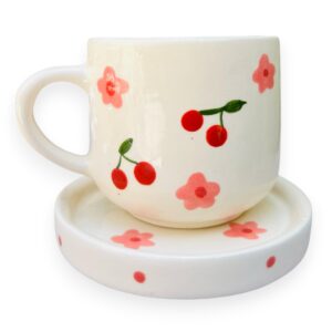 Taza de Cerámica con Plato – 12 oz – Diseños de Cerezas y Flores Cute - Para Café, Chocolate y Té