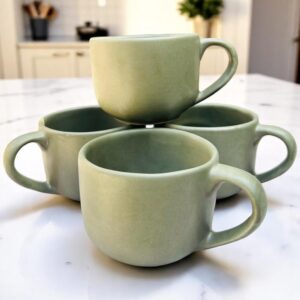 Set de 4 Tazas de Gres de Alta Resistencia – 16 oz – Verde Mate Oliva – Tazas Elegantes – Para café, chocolate y té