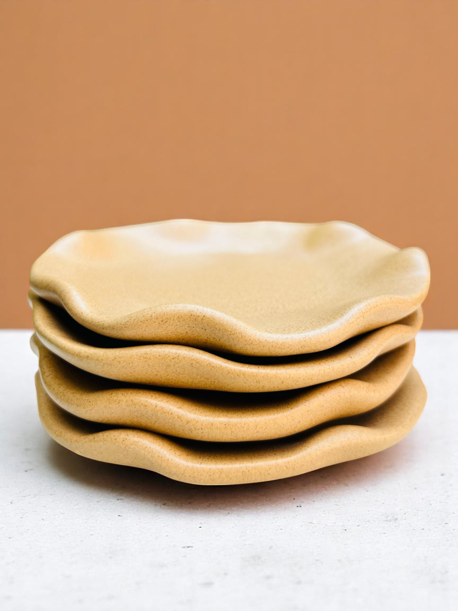 Set de 4 Platos de Gres – Cerámica 16 cm – Diseño Olas Color Mate Avellana – Vajilla Artesanal Moderna para Postres, Fruta o Entradas - Imagen 5