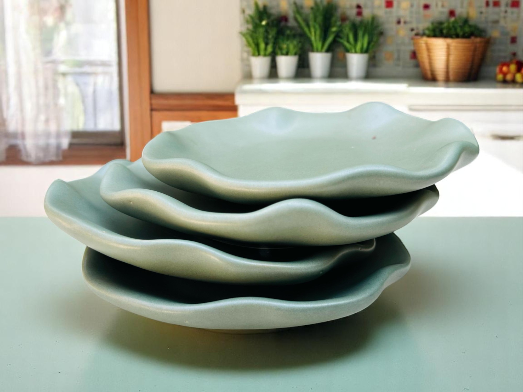 Set de 4 Platos de Gres – 16 cm – Diseño Olas Color Verde Olivo Mate – Vajilla Artesanal Moderna para Postres, Entradas o Fruta - Imagen 3